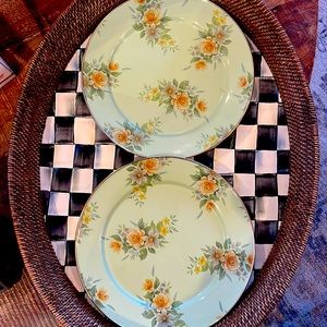 McKenzie Childs TWO 12” dinner Enamel plates vintage 1995 Beautiful green floral